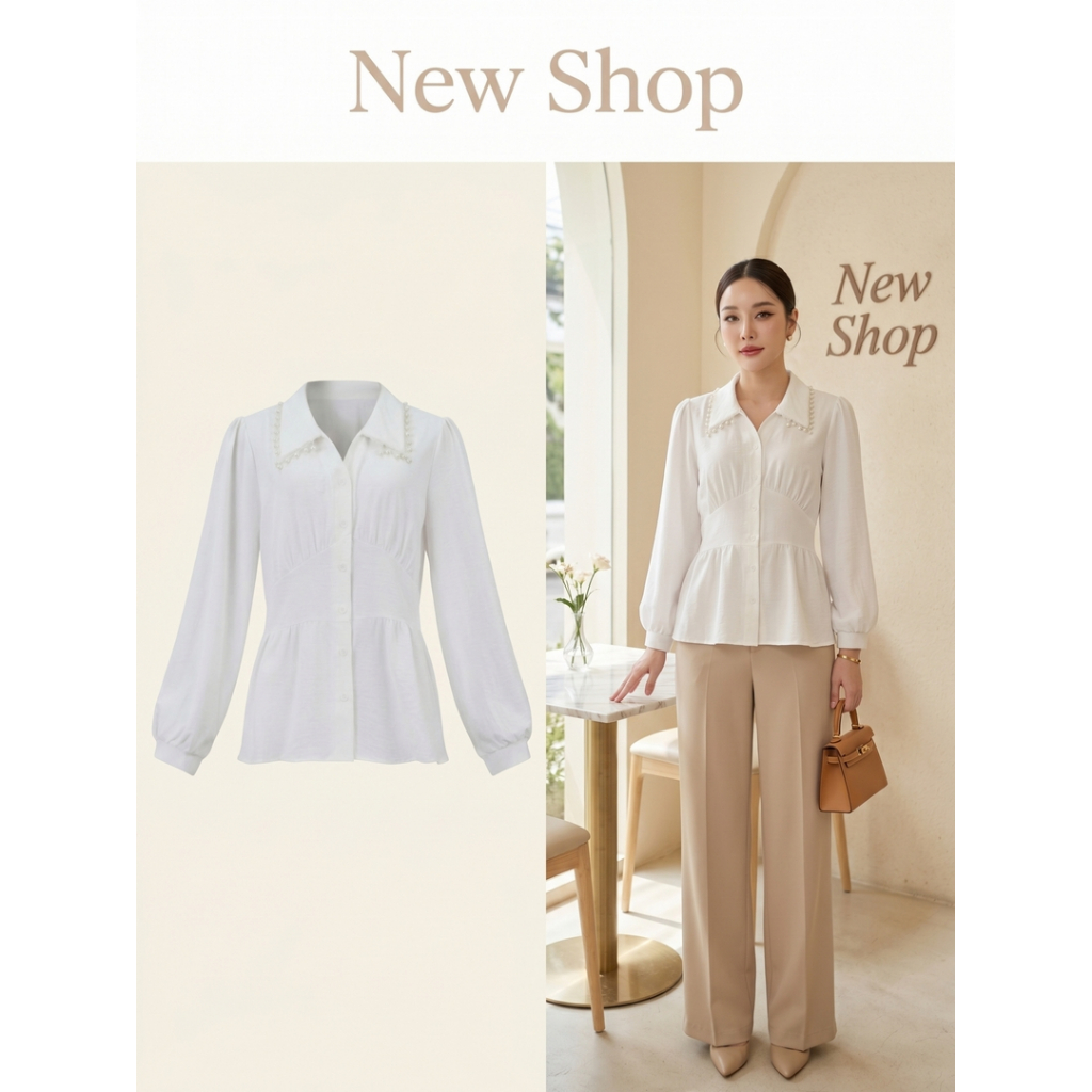 เสื้อเชิ้ตแขนยาวทรงพองสีขาว คอปกตกแต่งเม็ดกลมดีเทลน่ารัก เอวสม็อค
