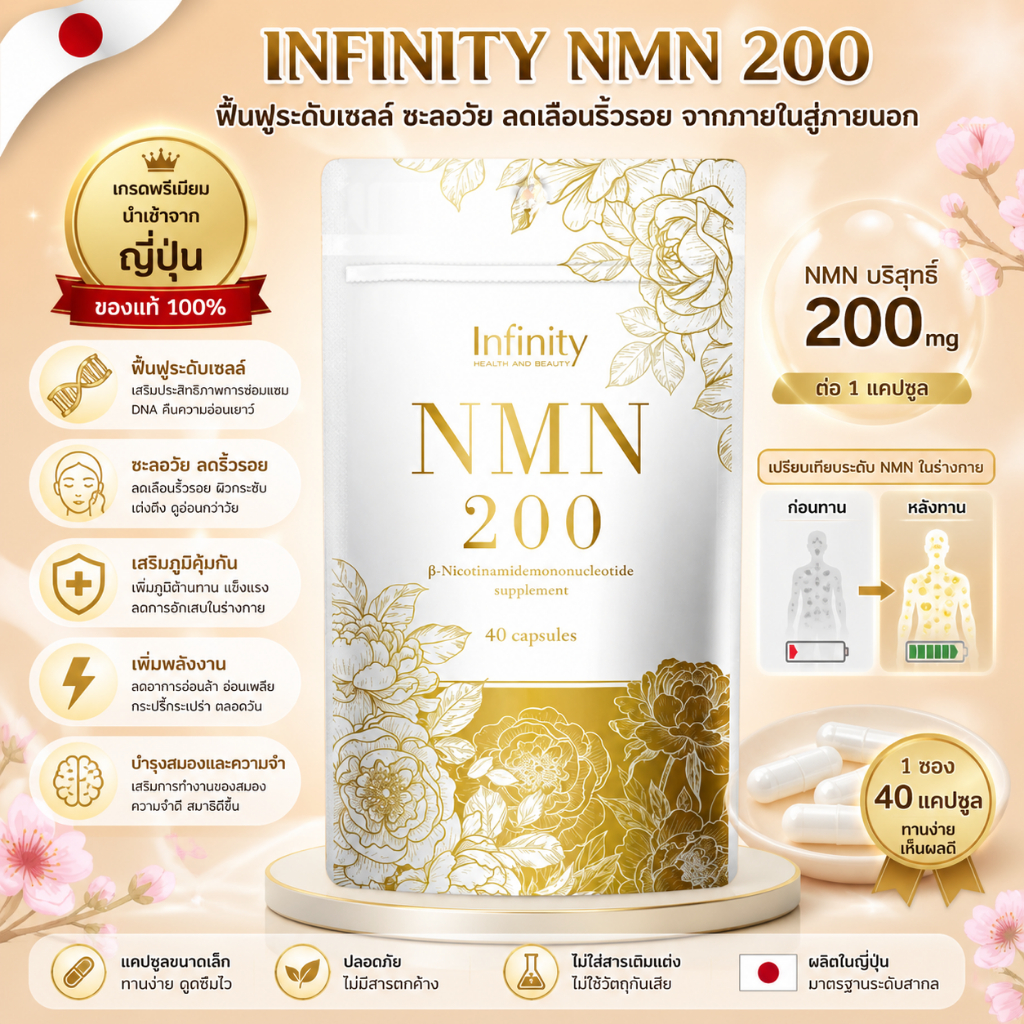 Infinity NMN 200 💥 เสริมพลังงานและฟื้นฟูความอ่อนเยาว์ (40 แคปซูล) แ