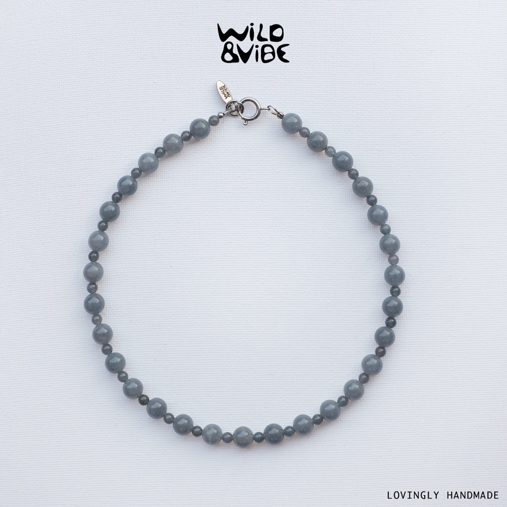 สร้อยคอหินสีฟ้าเทาหยกพม่า มินิมอล | Grey Jade Style Necklace | Handmade Natural Stone 8mm