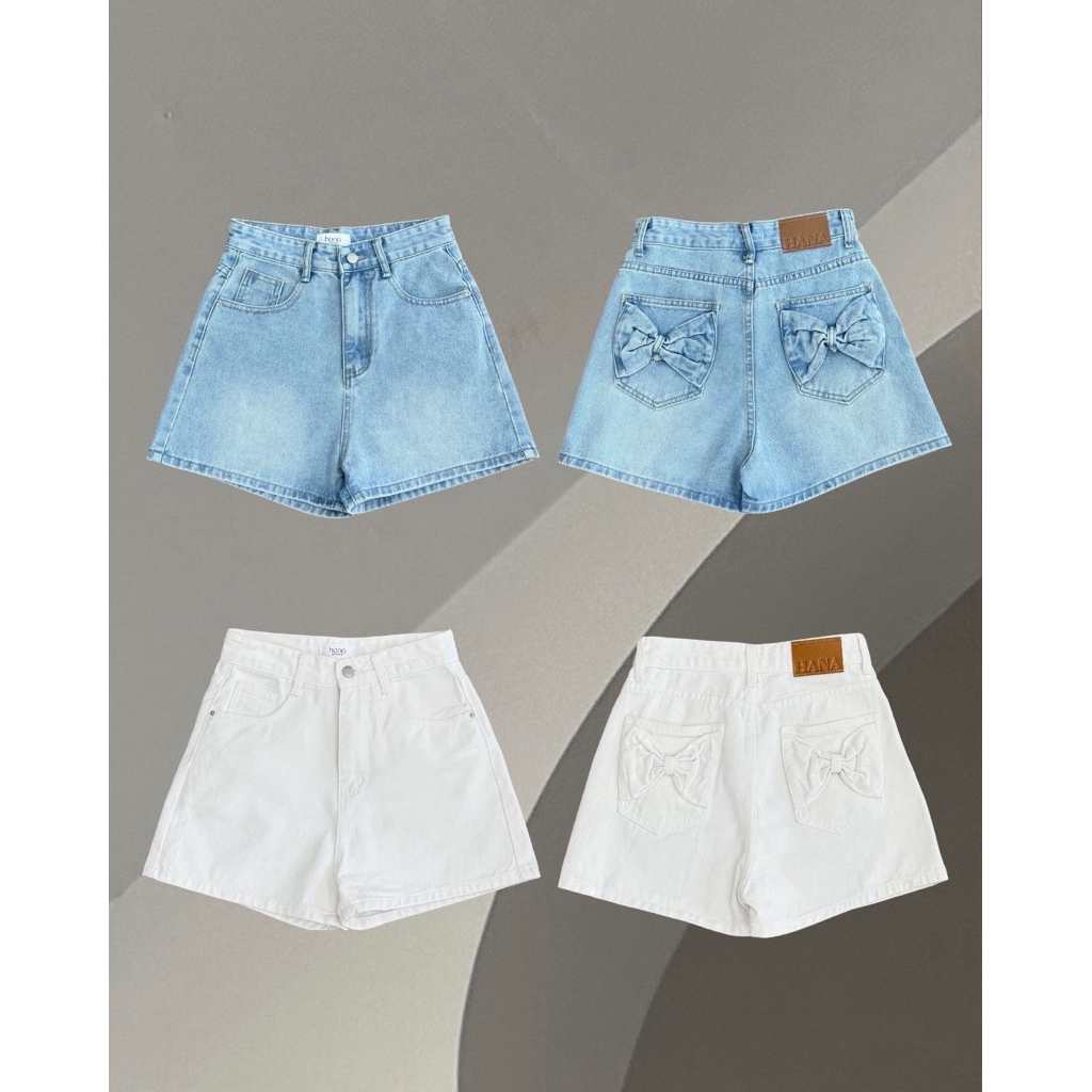 INFINITY : Bona Short Jeans (โบน่า) กางเกงยีนส์ขาสั้นเอวสูง ดีไซน์น่ารัก ด้านหลังมีกระเป๋าคู่แต่งโบว์ ทรงสวยช่วยเก็บหุ่น