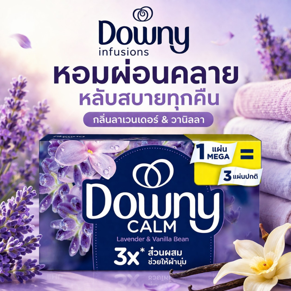Downy Infusions Mega Dryer Sheets แผ่นอบผ้าหอม กลิ่น Calm Lavender & Vanilla Bean ขนาด 60 แผ่น