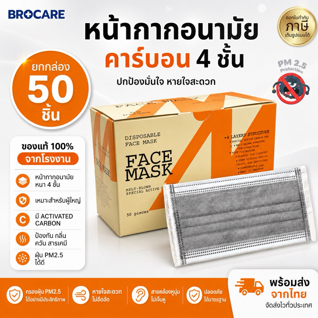 หน้ากากอนามัย หน้ากากคาร์บอน หนา4 ชั้น(กล่อง 50ชิ้น) แยกชิ้นสะอาด ปลอดภัย พกพาสะดวกพร้อมส่ง