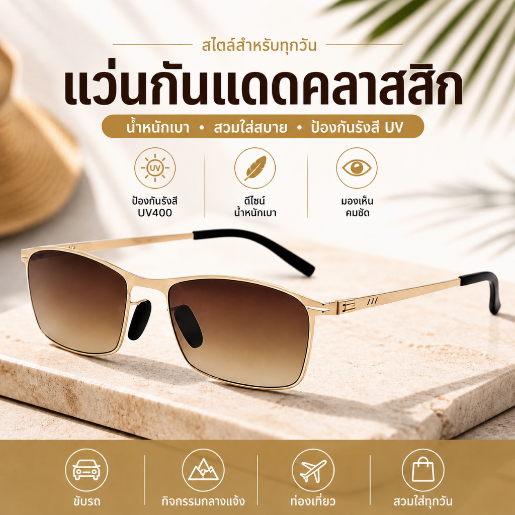 แว่นกันแดดผู้ชาย-ผู้หญิง สไตล์คลาสสิก UV400 กรอบบางพรีเมียม ดีไซน์ทันสมัย ปกป้องดวงตาจากแสงแดด สำหรับทุกสถานการณ์