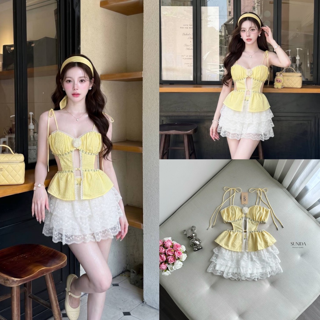 SUNIDA Setเสื้อสายเดี่ยวสีเลม่อน+กระโปรงกางเกงสีขาวชั้นๆๆ