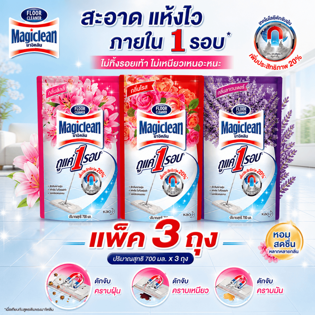 (แพ็ค 3 ถุง) Magiclean ผลิตภัณฑ์ทำความสะอาดพื้น น้ำยาถูพื้น 650-700 มล. น้ำยาถูพื้นมาจิคลีน แห้งไว กลิ่นหอมสดชื่น