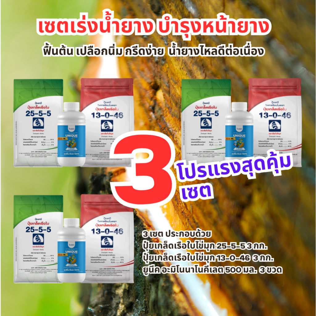 โปรแรงสุดคุ้ม 3 เซต เซตเร่งน้ำยาง ปุ๋ยเกล็ดเรือใบ 25-5-5 3 กก. อะมิโนพืชคีเลต 500มล. 3 ขวด ปุ๋ยเกล็ดเรือใบ 13-0-46 3 กก.