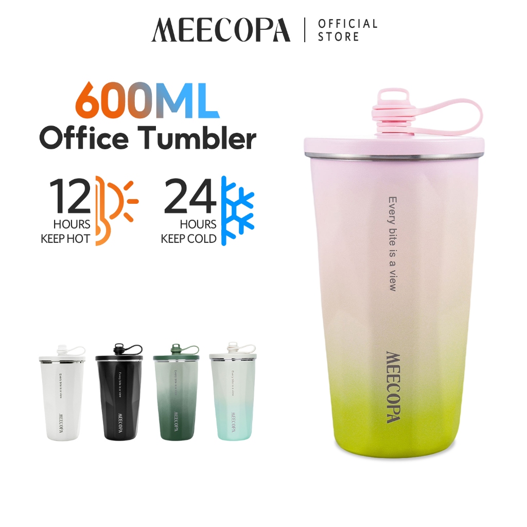 MEECOPA แก้วน้ําสแตนเลส รูปสี่เหลี่ยมขนมเปียกปูน  สแตนเลส304 600ML พร้อมหลอดดูด แก้วเก็บความเย็น