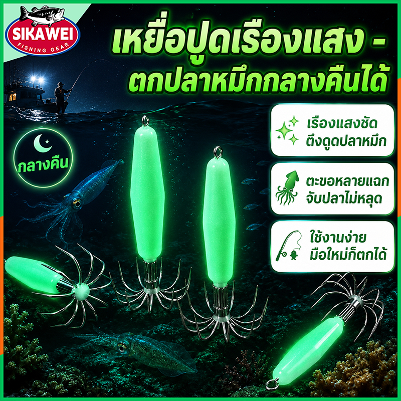 เบ็ดเกี่ยวปลาหมึกเรืองแสง ปลอกกระดองเหยื่อแข็งเข็มสแตนเลสฟลูออเรสเซนต์เหยื่อตกปลาเรืองแสงในที่มืด
