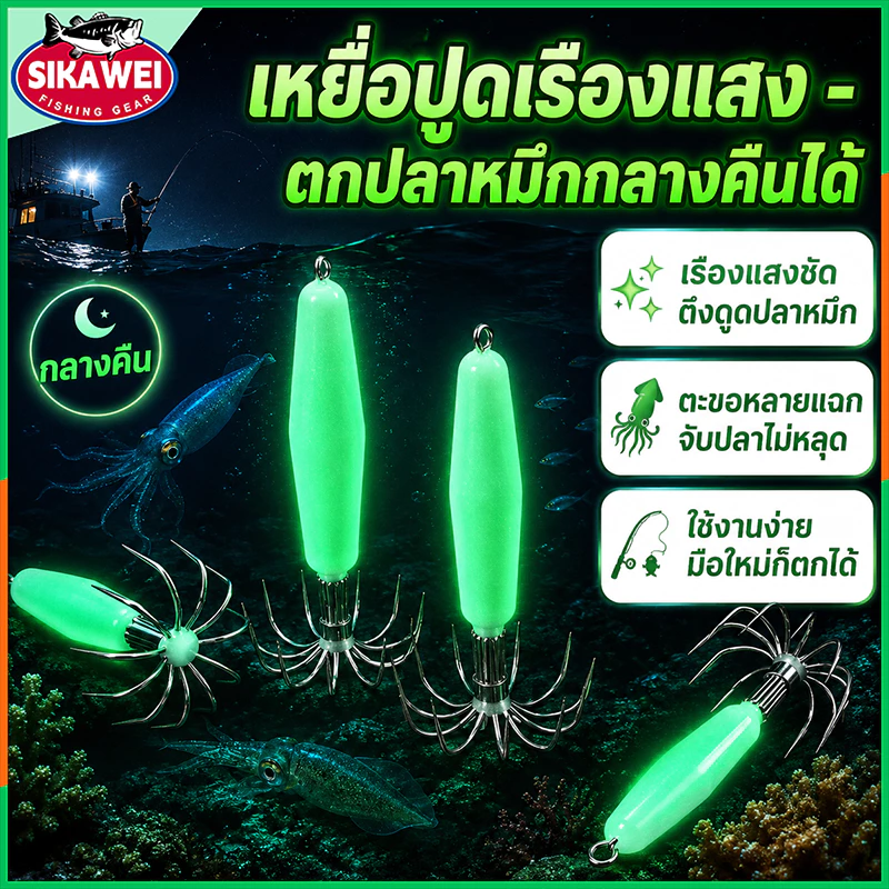 เบ็ดเกี่ยวปลาหมึกเรืองแสง ปลอกกระดองเหยื่อแข็งเข็มสแตนเลสฟลูออเรสเซนต์เหยื่อตกปลาเรืองแสงในที่มืด