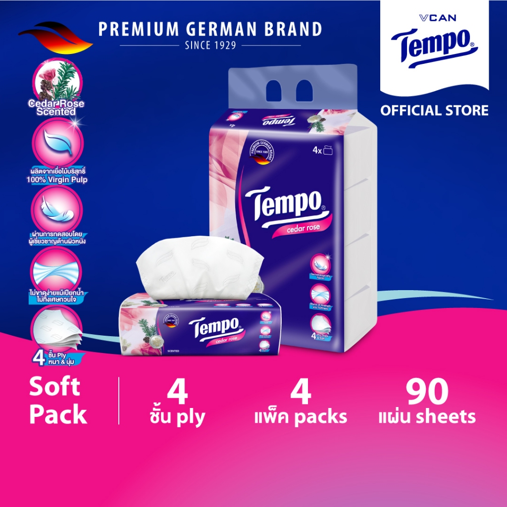 Tempo Softpack เทมโพ กระดาษเช็ดหน้า ทิชชู่ กลิ่น Cedar ซอฟแพ็ค
