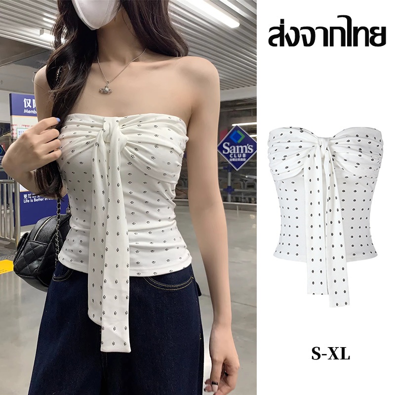 ส่งจากไทย เสื้อเกาะอก เสื้อเชิ้ตเปิดหลัง ขาว ดีเทลแต่งโบว์ลายทาง สไตล์เกาหลี S-XL #F027