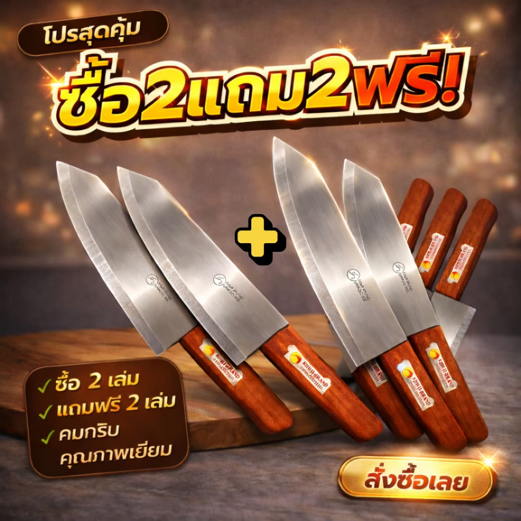 มีดบางด้ามไม้โปร 2 แถม2 มีดทำอาหาร มีดสแตนเลส มีดไทย มีดเชฟ มีดปอกทุเรียน