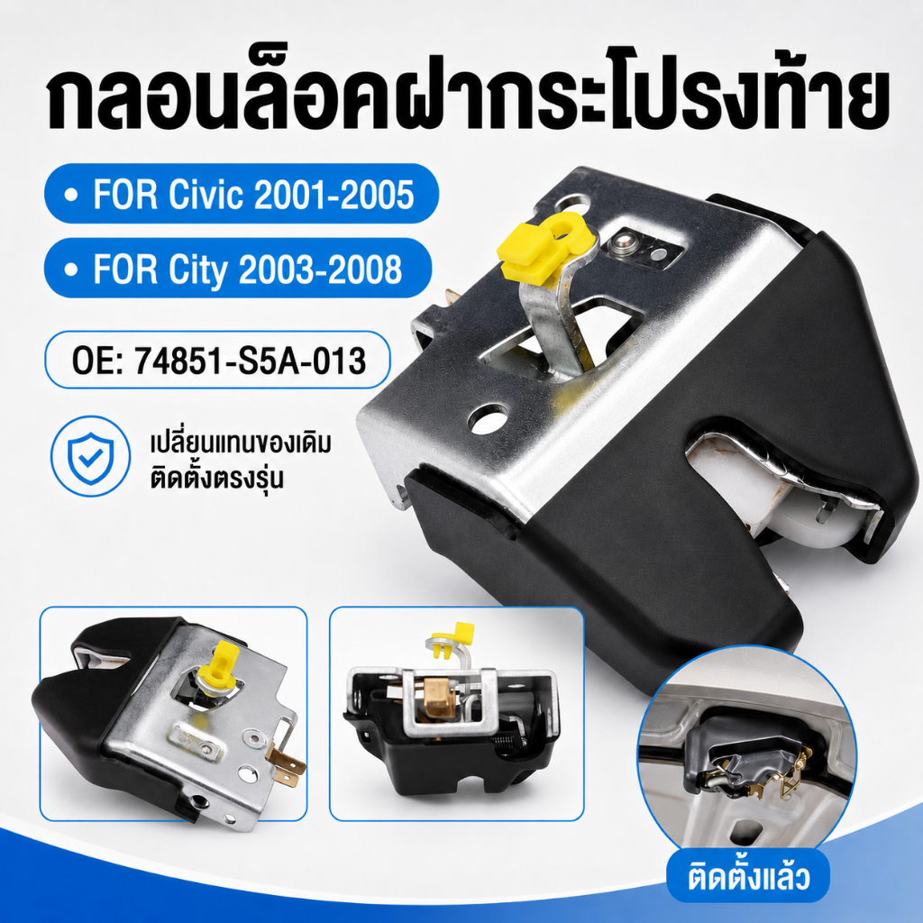 กลอนล็อคฝากระโปรงท้าย Honda Civic 2001-2005 City 2003-2008 OE 74851-S5A-013 ตัวล็อคฝาท้าย เปลี่ยนแทนของเดิม