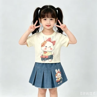 BB277 ชุดเด็กผู้หญิง เสื้อกระต่ายสุดคิ้วท์ + กระโปรงยีนส์พลีท(8685)
