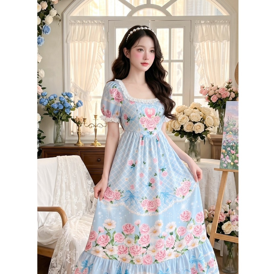 (มี3XL) Maria Diamond สีฟ้า Morning Blue Dress เดรสยาวผ้าเปเป้พิมพ์ลาย แต่งลูกไม้ แขนตุ๊กตาปลายสม็อค ซิปหลัง มีซับใน