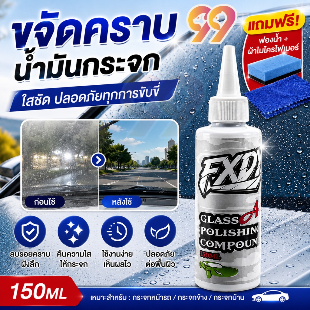 น้ำยาทำความสะอาดกระจกรถยนต์ น้ำยาขจัดฟิล์มน้ำมัน ขจัดคราบน้ำมันฝุ่น คืนความใส 150ML พร้อมฟองน้ำและผ้า