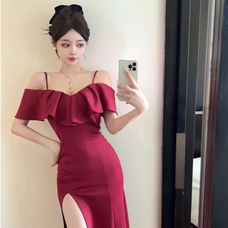 DS-8🍹ชุดเดรสยาว ผ่าหน้าทรงสวย เดรสยาว ชุดเดรส ชุดออกงาน ชุดราตรี เดรส สายเดี่ยวปาดไหล่เรียบหรู สายเดี่ยวกระโปรงผ่าข้าง🍹