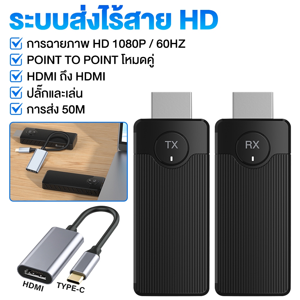 อุปกรณ์แชร์หน้าจอไร้สาย HDMI to HDMIรองรับ 1080P ระยะ 50 เมตร 2.4/5GHz ไม่ต้องติดตั้งไดรเวอร์ เสียบแล้วใช้ได้ เหมาะกับเช