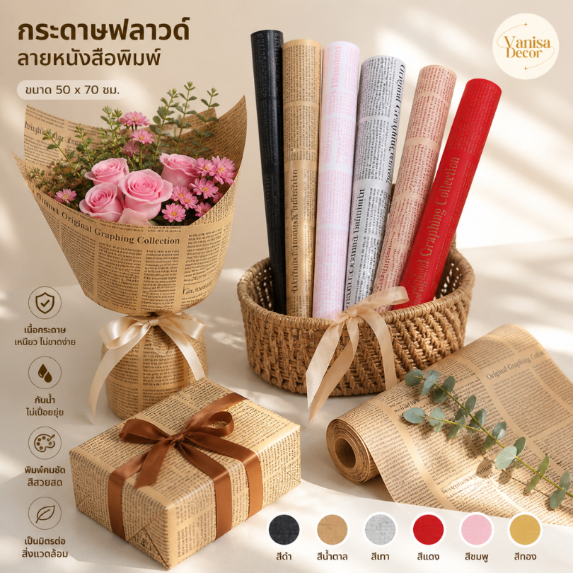 กระดาษฟลาวด์ ลายหนังสือพิมพ์ ห่อดอกไม้ ห่อของขวัญ ดอกไม้วินเทจ DIY วัสดุบรรจุภัณฑ์ ขนาด 58*58ซม สินค้าพร้อมส่งจากไทย