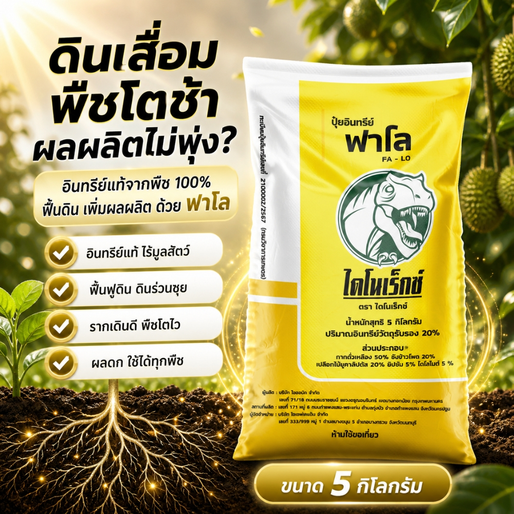 ปุ๋ยอินทรีย์ฟาโล 5 กก. ตราไดโนเร็กซ์  อินทรีย์แท้ ปุ๋ยพืช 100% ไร้มูลสัตว์ ฟื้นฟูดิน เพิ่มผลผลิต  รากเดินดี พืชโตไว ผลดก