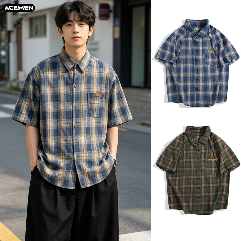 AceMenเสื้อเชิ้ตแขนสั้นลําลอง เสื้อเชิ้ตเกาหลี ทรงหลวม ใส่แนวสตรีท ลายสก๊อต คู่รักรุ่นเดียวกัน เท่ๆเข้ากับทุกแนว