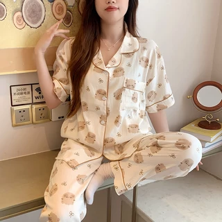 ชุดนอนสไตล์เกาหลี ผ้าไหมญี่ปุ่นนุ่มใส่สบาย แขนสั้น ขายาว บิ๊กไซส์ L-4XL ส่งไว