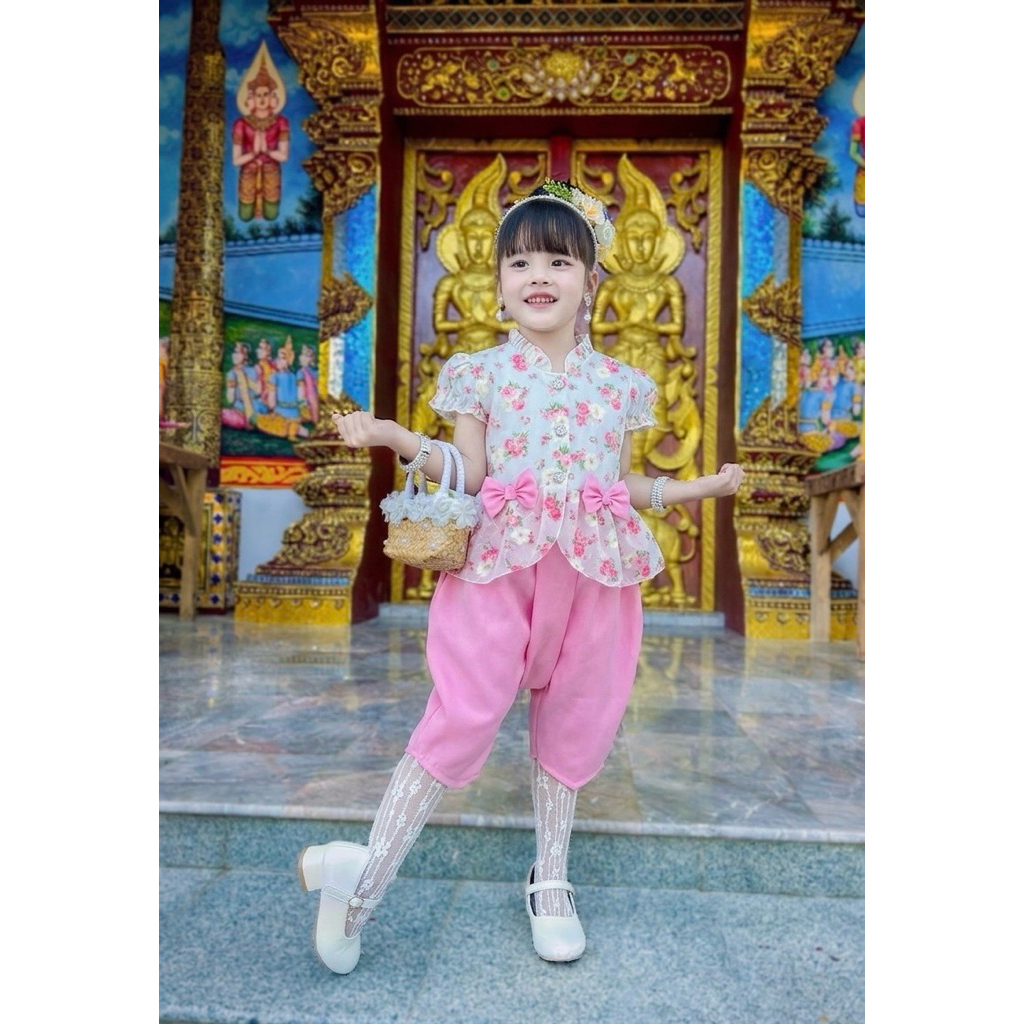 ชุดไทยเด็กผู้หญิง สีชมพู ลายกุหลาบ  สวยหวาน ผ้าดีมาก ราคา ถูกที่สุด ดีลบีเคเค แกลเลอรีภาพที่ 2