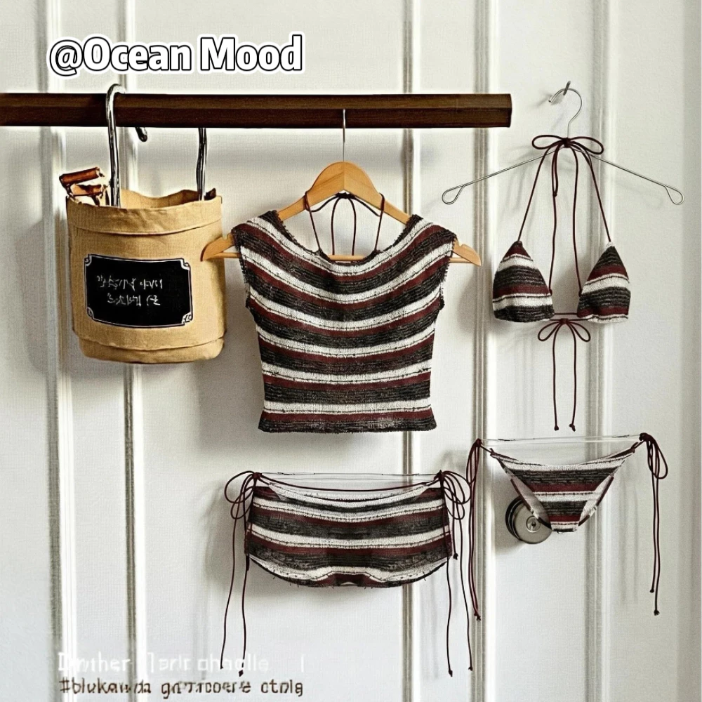 บิกินี่ 4 ชิ้น Bikini Sexy เสื้อเปิดไหล่ลายทาง เรโทร ใส่เที่ยวทะเล สไตล์เกาหลี beachwear |Ocean Mood