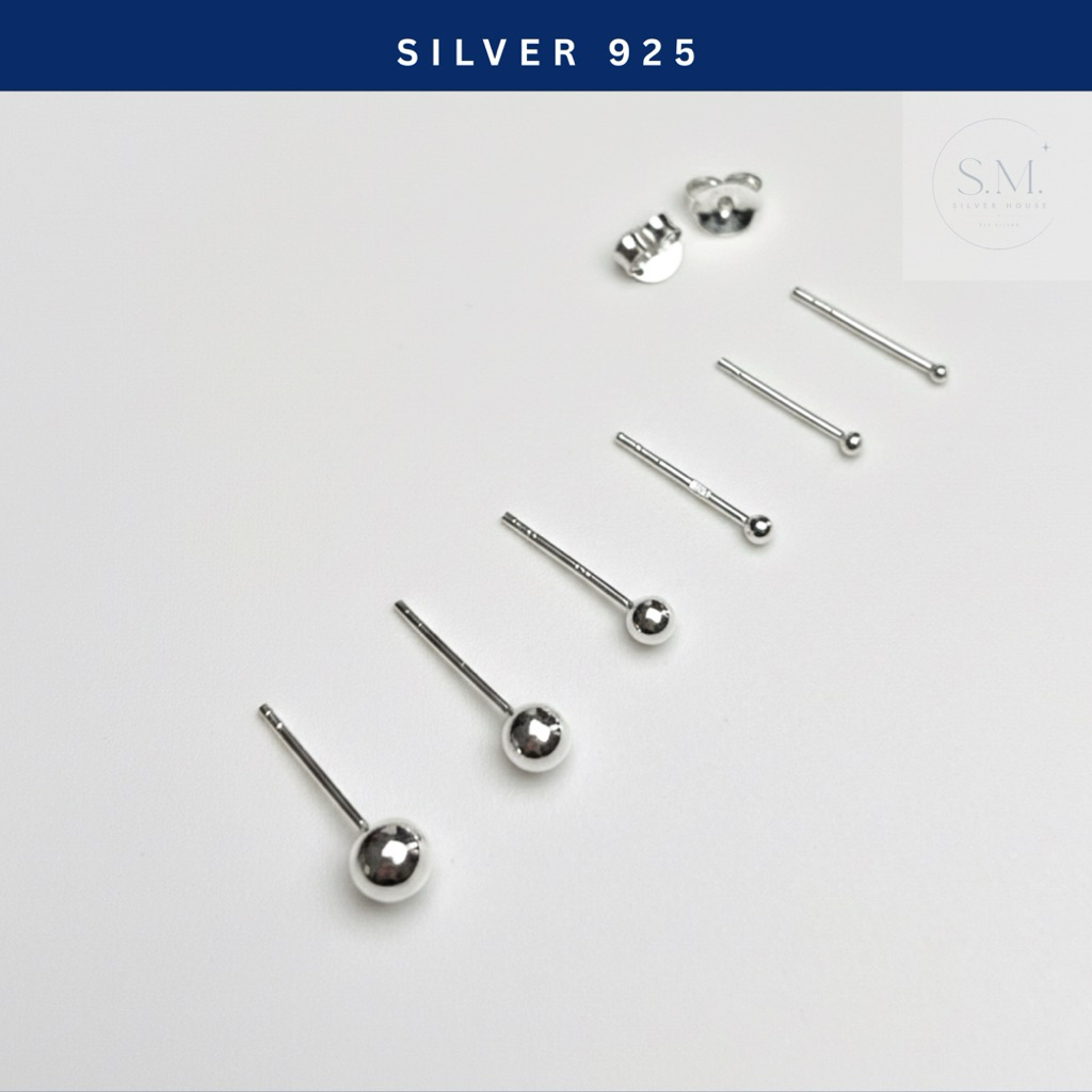 S.M.silverhouse ต่างหูเงินแท้ (ราคาต่อคู่) silver925 เหมาะสำหรับคนแพ้ง่าย ใส่อาบน้ำได้ ต่างหูหมุด มีหลายขนาดให้เลือก