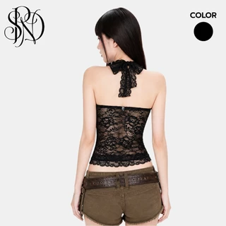 SPND【พร้อมส่ง】Lace Halter Crop Top - เสื้อครอปผูกคอลูกไม้ (มีฟองน้ำในตัว)2255