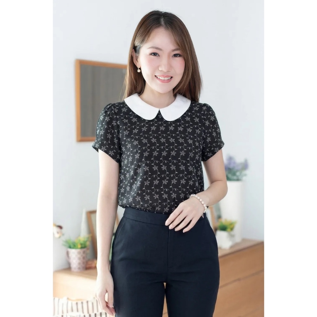 Narinari : MT0106 Peter Pan Collar Folded Sleeve Breeze Blouse เสื้อปกบัว แขนจับจีบ