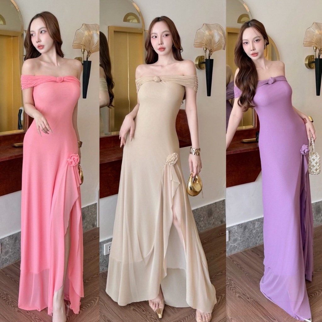 A1019 - ชุดออกงานปาดไหล่ เดรสยาวรุ่นปาดไหล่ทรงโบว์แหวกขา ชุดไปงานสวยๆ