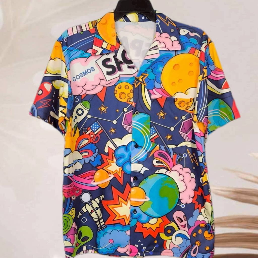 เสื้อเชิ้ตฮาวาย ลาย ท่องเที่ยวอวกาศ (พื้นสีกรม) ผ้าไหมอิตาลี อก 38-52 นิ้ว ไซส์ M-3XL