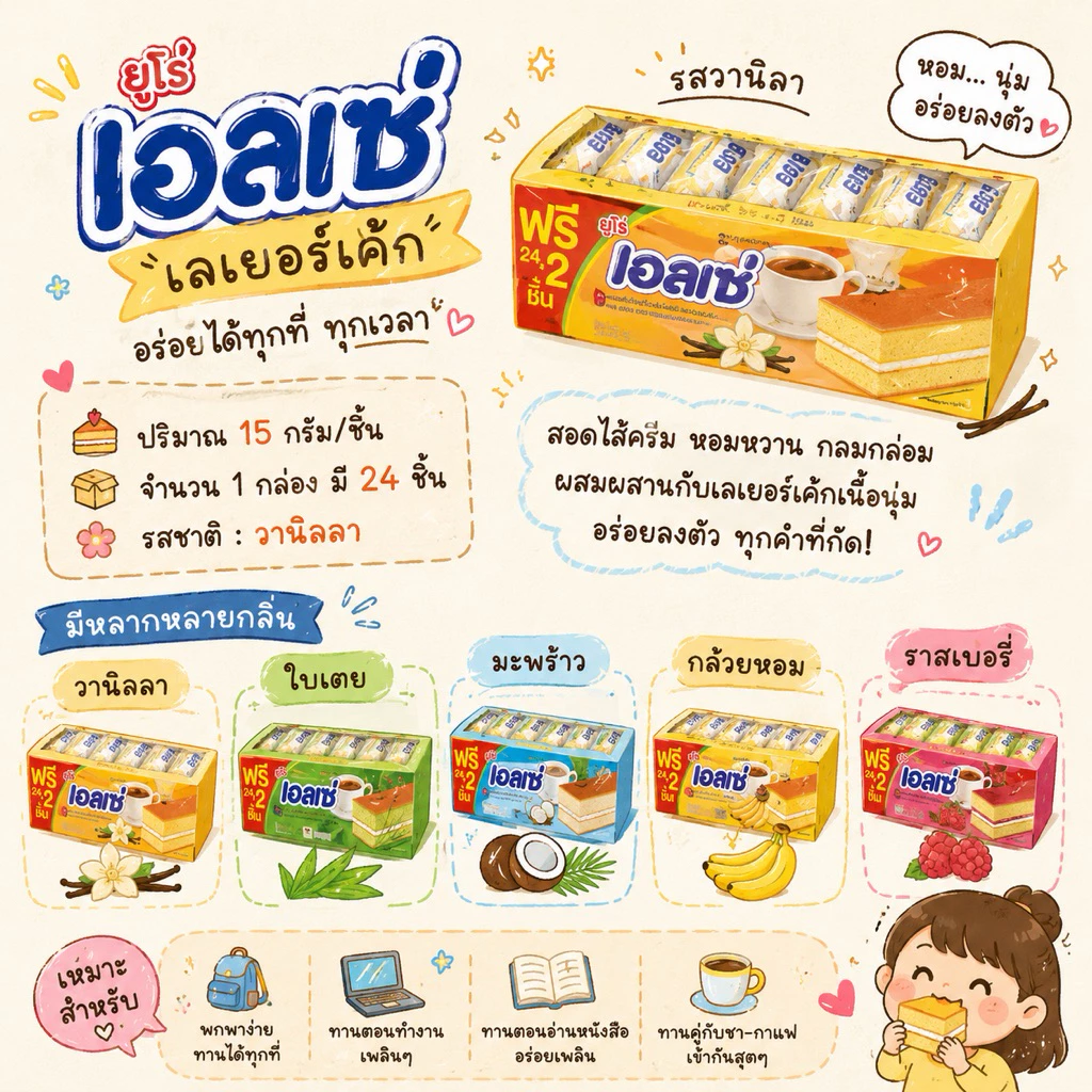 🥠 Ellse 🥠 เอลเซ่ เลเยอร์เค้ก 15 กรัม 24 ชิ้น ขนมเอลเซ่ เลเยอร์เค้กสอดไส้ครีม ตราเอลเซ่ 15 กรัม x 24 ชิ้น ขนม เอลเซ่
