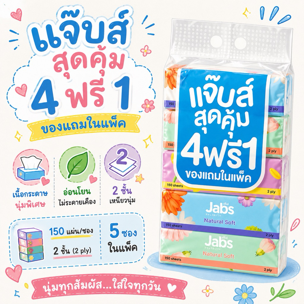 🧻ทิชชู่ Jabs 🌿ทิชชู่ แจ๊บส์ แบบยกหิ้วทิชชู่ซอฟท์แพ็ค 2 ชั้น 150แผ่น x 1 แพ็ค ทิชชู่แบบห่อ ยกแพ็ค 5 ห่อ สัมผัสนุ่ม