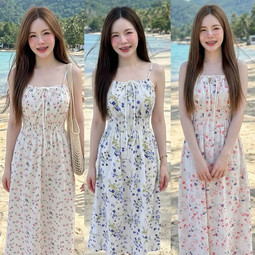 เดรสสายเดี่ยวสม็อคลายดอกไม้สาวอวบ