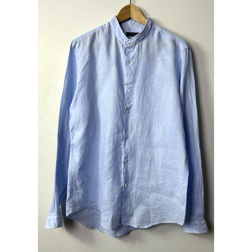 blue linen band collar shirt zara