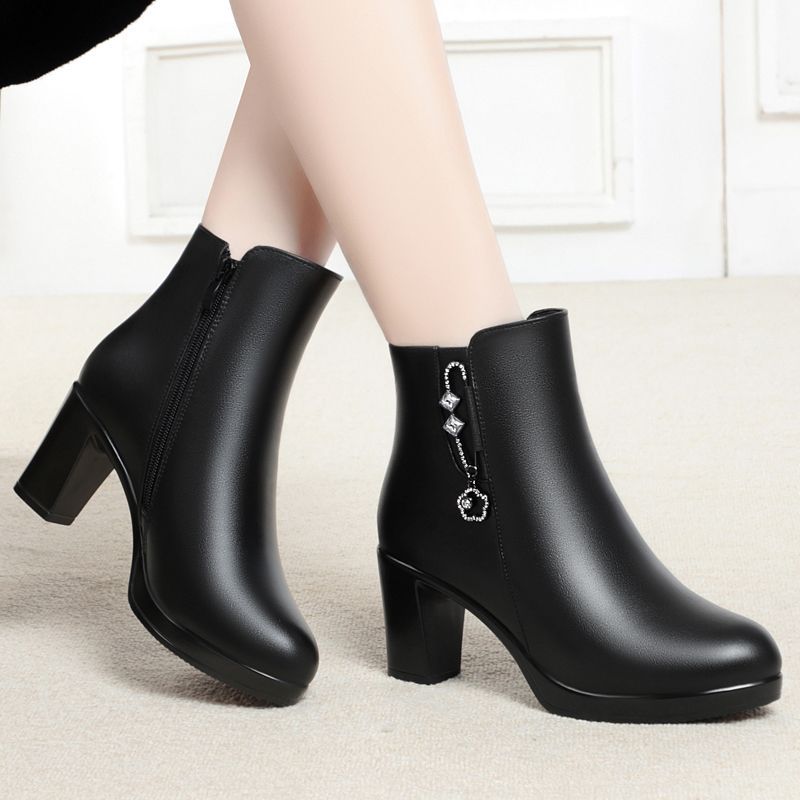 High Heels - Autumn/Winter Genuine Leather High Heels Women's Boots Women's Coarse Heels Wool Short 