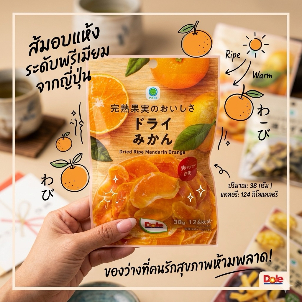 "Dried Ripe Mandarin Orange" ส้มแมนดารินอบแห้ง จากแบรนด์ Famimaru ซึ่งตัวนี้ร่วมกับ Dole ด้วย มั่นใจเรื่องคุณภาพได้เลย
