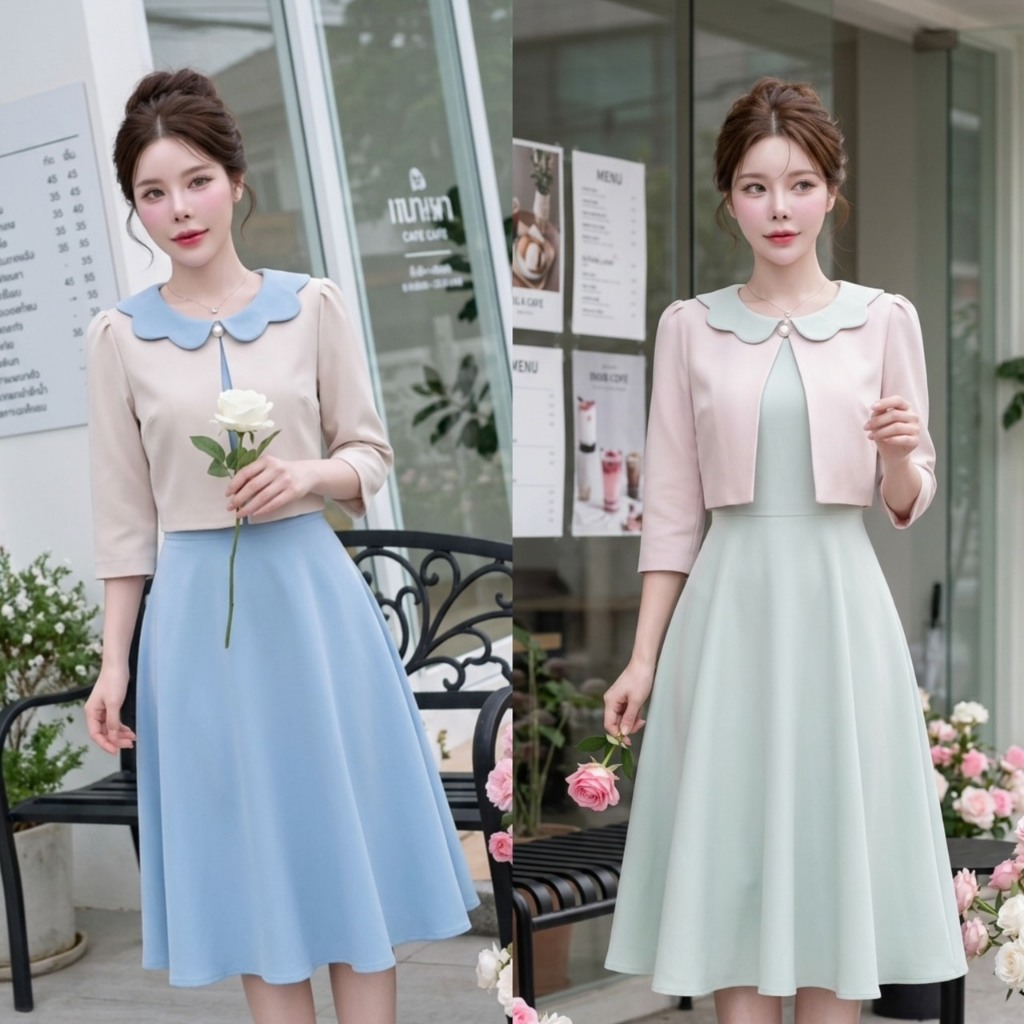 D152 เดรสเสื้อคลุมทูโทนแขนสามส่วน มีไซส์S-3XL ความยาว 39-40 นิ้ว