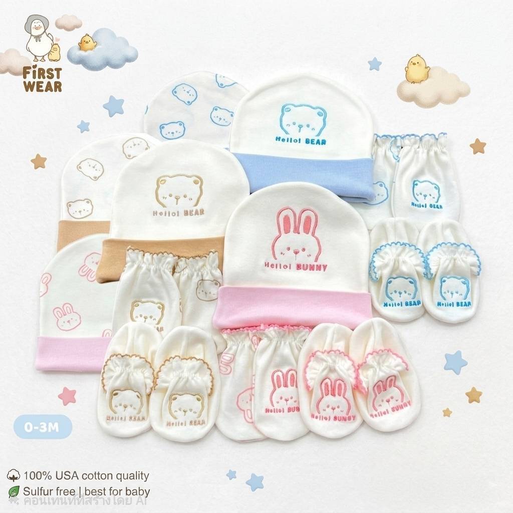 First Wear เซ็ต หมวก ถุงมือ ถุงเท้า เด็กแรกเกิด ผ้าคอตตอน100%