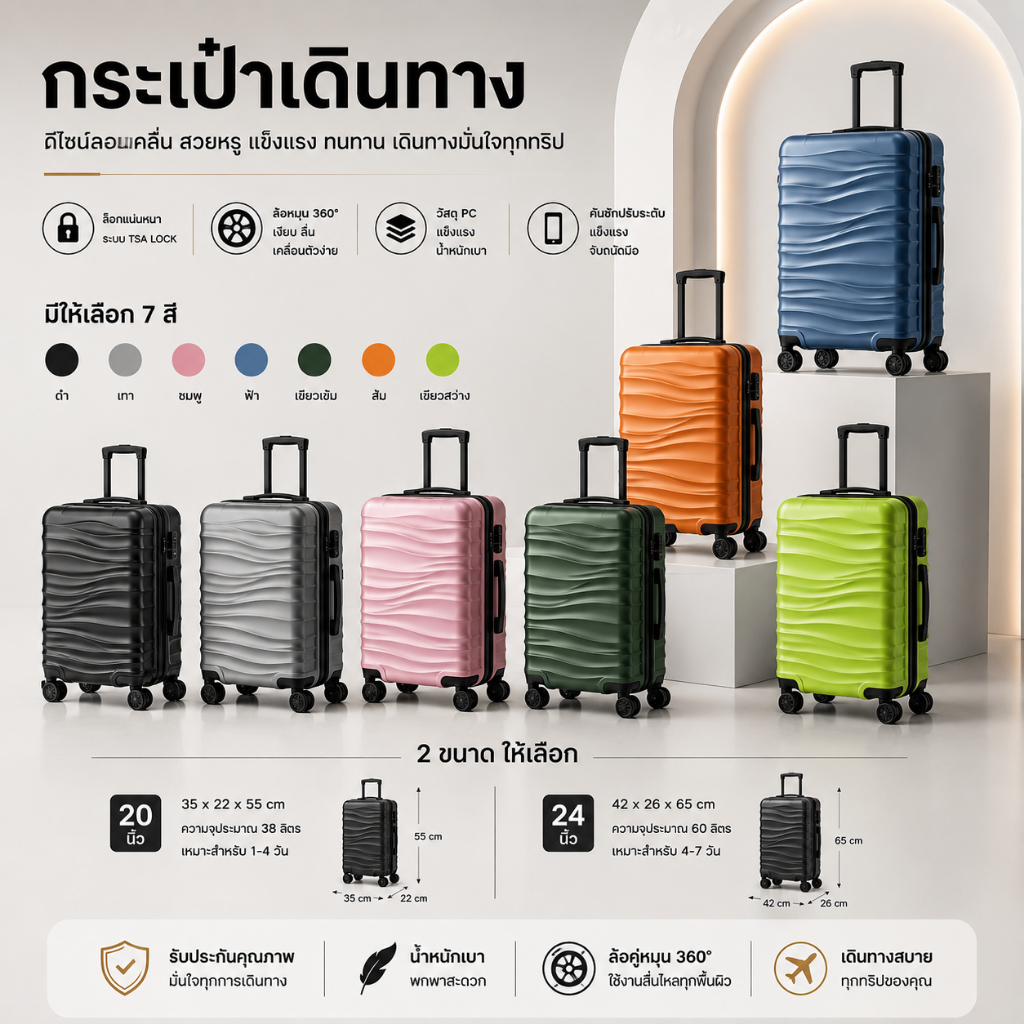 กระเป๋าเดินทางทรงถัง กระเป๋าเดินทาง luggage ความจุสูง 20/24/28นิ้ว กันน้ำ วัสดุ PC ล้อสากล 360°