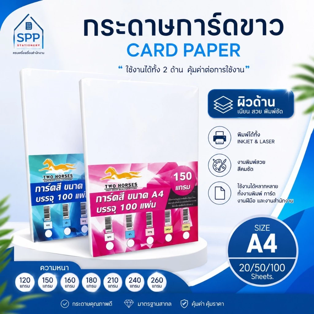 [มีส่งด่วน] กระดาษการ์ดขาว และ การ์ดขาว Super White ขนาด A4 หนา 120 - 240 แกรม (210 x 297 มม.) การ์ดด้าน บรรจุ 100 แผ่น