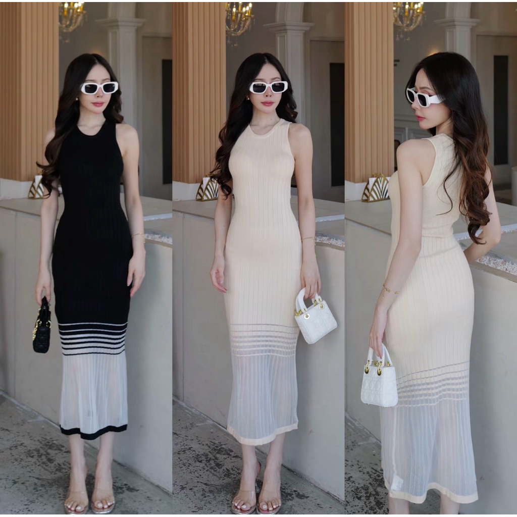 เดรสไหมพรมกล้าม เนื้อผ้ายืดนิ่มมาก EVE  CLOTHING#6823 ท395