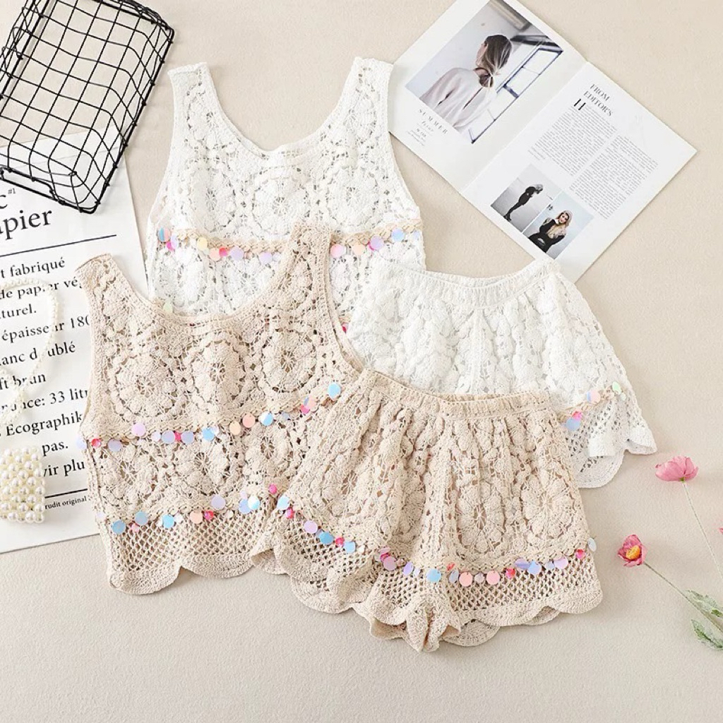 [พร้อมส่ง]set ชุดเซ็ตลูกไม้2ชิ้นเสื้อแขนกุด + กางเกงขาสั้น ชุดเซ็ตลูกไม้ไปทะเล