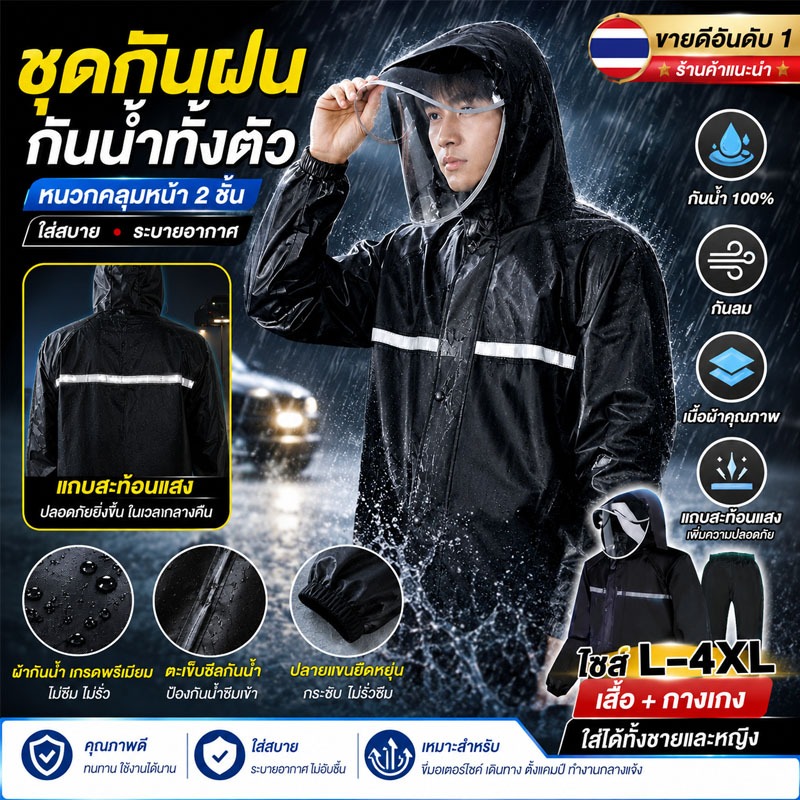 💧99ปีทนใช้ไม่เสี💧เสื้อกันฝน ชุดกันฝน แถบสะท้อน กันฝน100% กระเป๋าคู่ ขอบหมวกคู่ raincoat