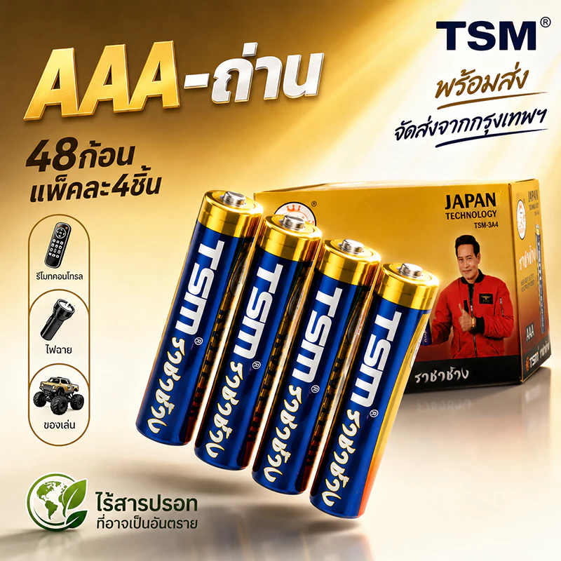 ถ่าน AAA ราชาช้างแท้ 48ก้อน ถ่านไฟฉาย AAA 1.5V รุ่น TSM-3A4 แพ็คละ4ก้อน รวม12แพ็ค ใช้งานได้นาน สำหรับรีโมท ของเล่น