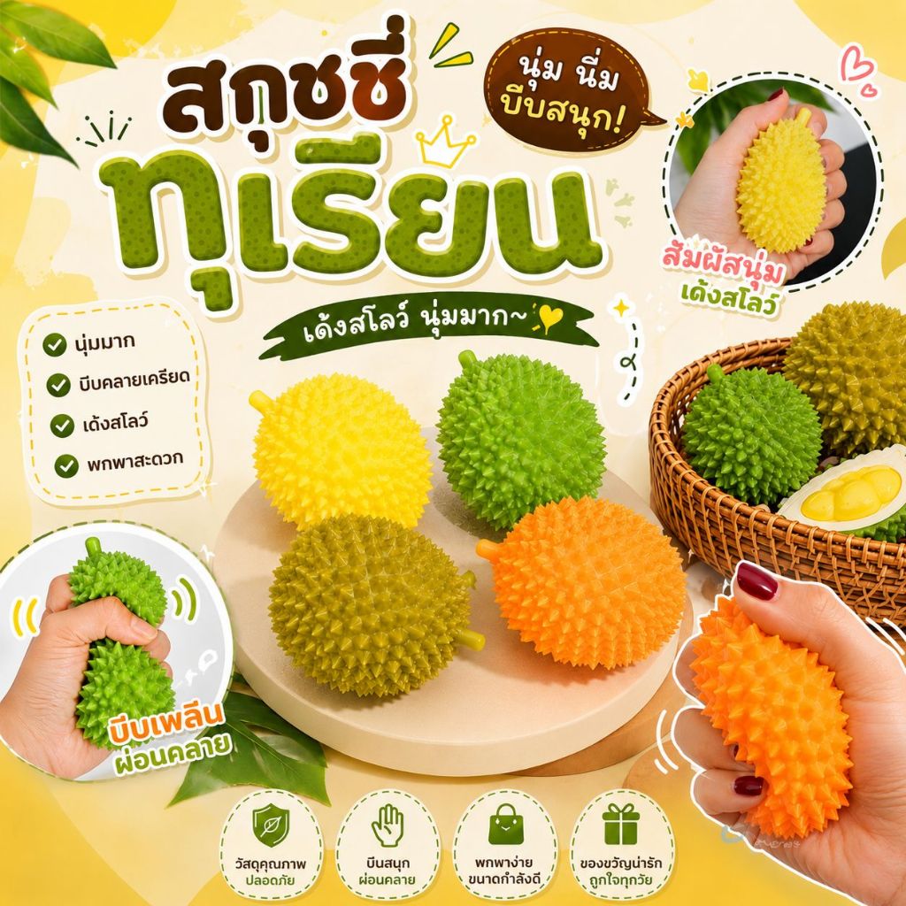ทุเรียน สกุชชี่ทุเรียน ของเล่น ผลไม้ยืด บีบได้หดได้ ผักบีบ น่ารัก เล่นคลายเครียด บีบมือเสริมพัฒนาการ