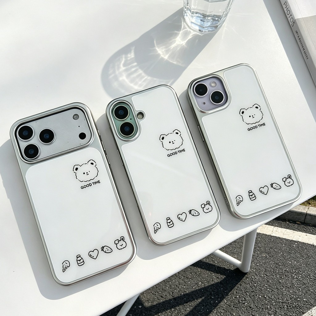 เคสขอบเงิน กันกระแทก กระจกลายหมีขาว สำหรับ for iPhone 17 pro max 16 pro max 15 pro max 14 pro max 13 pro max 11 16plus