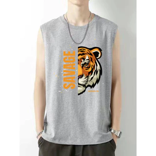 เสื้อยืดแขนกุด ลายเสือครึ่งหน้า เท่ๆ ผ้าใส่สบาย ใส่ได้ทั้งชายหญิง OP-1169